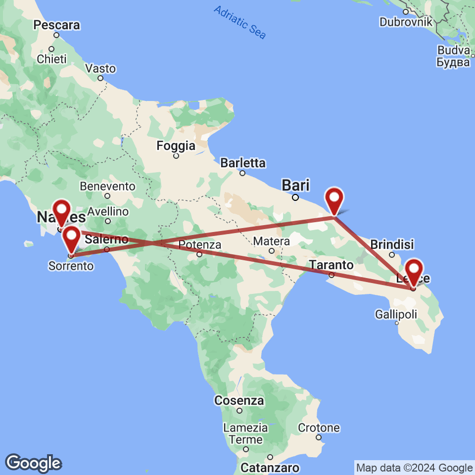 Route for Sorrento, Monopoli, Lecce, Naples tour